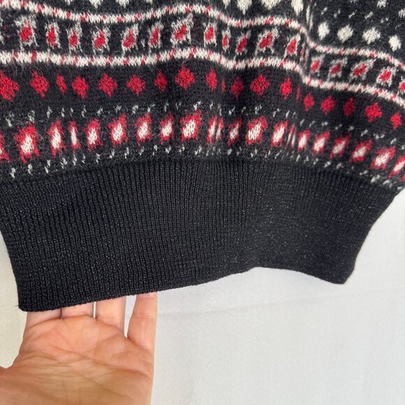 90s Vintage Dana Buchman Wool Mohair Blend Black Red Nordic Crop Cardigan Size M - Picture 8 of 15